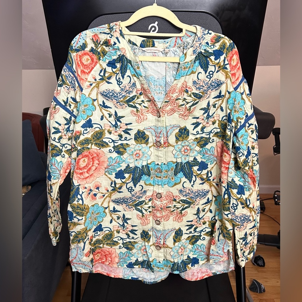 Soft Surroundings Floral Gauzy Boho Cotton Blouse, Size Large